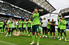 Jeonbuk Hyundai Motors captain Park Jin-seob, front center, addresses fans at Jeonju World Cup Stadium in Jeonju after Jeonbuk clinched the K League 1 title with a 2-0 victory over Suwon FC on Oct. 18. [YONHAP]