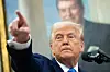U.S. President Donald Trump purses his lips and points during a swearing in ceremony for Alina Habba as U.S. Attorney General for New Jersey, in the Oval Office of the White House in Washington, DC, on March 28. [AFP/YONHAP]