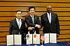From left, South Korean Defense Minister Shin Won-sik, U.S. Defense Secretary Lloyd Austin and Japanese Defense Minister Minoru Kihara pose for a photo after signing a memorandum of cooperation on the Trilateral Security Cooperation Framework in Tokyo on Sunday. [YONHAP]