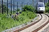 A Mugunghwa train bound for Masan is seen traveling at a slower speed as Korail, police and fire authorities inspect a scene near Cheongdo, North Gyeongsang, after a train hit seven railway workers on Aug. 19. [NEWS1]