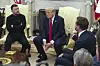 U.S. Vice President JD Vance, right, speaks with Ukrainian President Volodymyr Zelensky, left, as President Donald Trump listens, in the Oval Office at the White House on Feb. 28, in Washington. [AP/YONHAP]