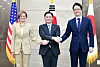 Cho Chang-rae, Korea’s director general for defense policy, center; Kara Abercrombie, acting U.S. deputy assistant secretary of defense for strategy plans and capabilities, left; and Taro Yamato, director general for defense policy at Japan’s Ministry of Defense pose for a photo following the 15th Korea-U.S.-Japan security meeting held in central Seoul on Sept. 10, 2024. [NEWS1]