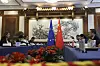 Chinese Vice Premier Ding Xuexiang, right, and European Commission Executive Vice-President for a Clean, Just and Competitive Transition Teresa Ribera, left, attend a meeting at the Diaoyutai State Guesthouse in Beijing, China, on July 14. [EPA/YONHAP]