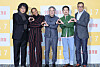 The cast and director of sci-fi film ″Mickey 17″ pose for photos during the film's press conference held in Gangnam District, southern Seoul, on Feb. 20. From left are director Bong Joon-ho, actors Naomi Ackie, Mark Ruffalo, Steven Yeun and producer Choi Doo-ho. [NEWS1]
