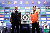 Hwaseong FC manager Cha Du-ri, left, poses with forward Woo Je-wook during a media day event at Nuritkum Square in western Seoul on Feb. 19. [YONHAP]