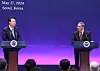 Korean President Yoon Suk Yeol, left, listens to Chinese Premier Li Qiang's remarks during a joint news conference in Seoul on May 27. [YONHAP]