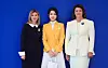 Then Korean first lady Kim Keon-hee, center, poses for a photo with Ukrainian first lady Olena Zelenska, left, and Lithuania’s Diana Nausediene, right, at the Ukrainian Center in Vilnius, Lithuania, on Juy 12, 2023, on the sidelines of the NATO summit. Kim and Zelenska met in Seoul in May. [JOINT PRESS CORPS]