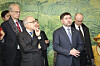 European Union Ambassador to Korea Ugo Astuto, front left, and Ukrainian Chargé d’Affaires Andrii Vieshkin, front right, take part in an opening ceremony for an exhibition marking four years since Russia’s invasion of Ukraine at the Seocho District Office in southern Seoul on Feb. 24. [SEOCHO DISTRICT OFFICE]