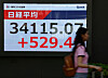 A woman walks past a stock quotation board showing Nikkei share average outside a brokerage in Tokyo on April 14. [REUTERS/YONHAP]