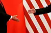 U.S. President Donald Trump and China's President Xi Jinping shake hands after making joint statements at the Great Hall of the People in Beijing, China, Nov. 9, 2017, [REUTERS/YONHAP]