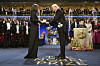 Nobel laureate in literature Han Kang, left, receives her award from Sweden's King Carl Gustaf, right, during the Nobel Prize award ceremony in Stockholm, Sweden, on Dec. 10. [AP]