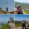 Hikers from around the world take photos at the top of Mount Gwanak on April 26. [JOONGANG ILBO]