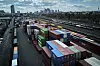 Containers are piled up at a cargo terminal in Frankfurt, Germany, on April 1. [AP/YONHAP]