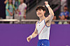 Korean gymnast Kim Han-sol celebrates after completing his routine during the men's floor exercise final round at the 19th Asian Games on Thursday. [NEWS1]