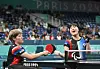 Korean table tennis players Yoon Ji-yu, left, and Seo Su-yeon compete in the women's doubles WD5 final against China at the 2024 Paris Paralympic Games in Paris on Friday. [YONHAP]