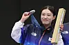 Kim Ye-ji reacts after winning the silver medal in the women's 10-meter air pistol gold medal match at Chateauroux in France on Sunday. [JOINT PRESS CORPS]