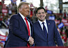 U.S. President-elect Donald Trump, left, greets Sen. Marco Rubio during a campaign rally in North Carolina on Nov. 4. [AP/YONHAP]