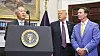 Hyundai Motor Group Executive Chair Euisun Chung announces a $21 billion investment in the United States as U.S. President Donald Trump, second from right, and Louisiana Gov. Jeff Landry, far right, stand in the Roosevelt Room at the White House in Washington on March 24. [AP/YONHAP]