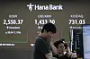 A currency trader watches monitors near a screen showing the Korea Composite Stock Price Index, top left, and the foreign exchange rate between dollar and Korean won, top center, at the foreign exchange dealing room of the KEB Hana Bank headquarters in central Seoul on April 25. [AP/YONHAP]