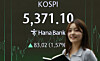 A screen in Hana Bank's trading room in central Seoul shows the Kospi closing at 5,371.10, up 1.57 percent, or 83.02 points, from the previous trading session, on Feb. 4. [YONHAP]