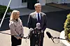 U.S. Treasury Secretary Scott Bessent and White House press secretary Karoline Leavitt speak with the media about tariffs at the White House in Washington on April 9, 2025. [REUTERS/YONHAP]