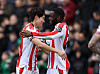 Stoke City midfielder Bae Jun-ho, left, celebrates during a Championship match against QPR at bet365 Stadium in Stoke-on-Trent, England, in a photo shared on Stoke's X account on March 29. [SCREEN CAPTURE]