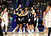 The South Korean women's basketball team celebrates after defeating North Korea to take bronze at the Hangzhou Asian Games on Thursday. [REUTERS/YONHAP]