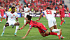 Korea's Eom Ji-sung, center, falls during a 2026 World Cup qualifier against Jordan at Amman International Stadium in Jordan on Oct. 10. [YONHAP]
