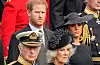 Britain's King Charles III, from bottom left, Camilla, the Queen Consort, Prince Harry and Meghan, Duchess of Sussex watch as the coffin of Queen Elizabeth II is placed into the hearse following the state funeral service in Westminster Abbey in central London Monday Sept. 19, 2022. [AP/YONHAP]