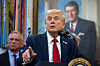U.S. President Donald Trump speaks during an announcement in the Oval Office at the White House in Washington, D.C. on Sept. 30. Trump announced an agreement with the pharmaceutical company to voluntarily sell its medications through Medicaid at lower prices. [UPI/YONHAP]