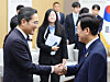 President Lee Jae Myung, right, greets Samsung Electronics Executive Chairman Lee Jae-yong during a meeting with Nvidia CEO Jensen Huang, not pictured in this photo, at the Hwabaek International Convention Center, the venue for the Asia-Pacific Economic Cooperation (APEC) summit in Gyeongju, North Gyeongsang, on Oct. 31. [YONHAP]