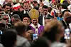 Pope Leo XIV waves after celebrating a Mass at the Volkswagen Arena, in Istanbul, Turkey on Nov. 29. [AP/YONHAP]