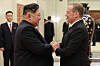 North Korean leader Kim Jong-un, left, and Russian Security Council Deputy Chairman and the head of the United Russia party Dmitry Medvedev, greet each other during their meeting, in Pyongyang, North Korea on Oct. 10. [AP/YONHAP]