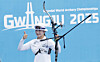 Kang Chae-young celebrates at the Gwangju 2025 Hyundai World Archery Championships in Gwangju on Sept. 12. [NEWS1]