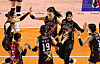 The Daejeon Jung Kwan Jang Red Sparks celebrate during a V League game against the Heungkuk Life Insurance Pink Spiders at Incheon Samsan World Gymnasium in Incheon on Dec. 17. [YONHAP]