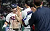 Ahn Hyun-min of the KT Wiz is congratulated by teammates after hitting a home run against Japan during the teams' exhibition baseball game at Tokyo Dome in Tokyo on Nov. 16. [YONHAP]