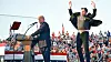 Tesla CEO Elon Musk, right, jumps on stage as he joins US President-elect Donald Trump during a campaign rally at site of his first assassination attempt in Pennsylvania on Oct. 5. [AFP/YONHAP]