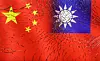 Chinese and Taiwanese flags are seen through broken glass in this illustration created on April 11, 2023. [REUTERS/YONHAP]