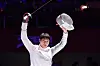 Oh Sang-uk celebrates after beating Gu Bon-gil in the men's individual sabre finals at the Asian games at Hangzhou Dianzi University Gymnasium in Hangzhou, China on Monday. [NEWS1]