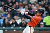 San Francisco Giants outfielder Lee Jung-hoo hits a single in the first inning of an MLB game against the Texas Rangers at Oracle Park in San Francisco, California on April 25. [AFP/YONHAP]