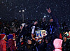 The United States national team enjoys the closing ceremony of the Gangwon 2024 Winter Youth Olympics under the snow at Gangneung Olympic Park in Gangneung, Gangwon on Thursday. [YONHAP]