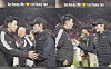 Los Angeles FC forward Son Heung-min greets Korean actor Lee Byung-hun in the opening game of Major League Soccer in Los Angeles Memorial Coliseum on Feb. 21. [MAJOR LEAGUE SOCCER]