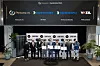 From second from right, Song Young-hoon, head of the solutions division at HD Hyundai Robotics; Lee Dong-joo, head of HD Korea Shipbuilding & Offshore Engineering's Manufacturing Innovation Lab; Nicolaus Radford, CEO of Persona AI; and Kim Sung-won, CTO of Vazil Company pose for a photo after signing a MOU to develop humanoid robots for shipyard welding at a ceremony in Houston, Texas. [HD HYUNDAI]