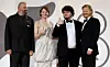 From left to right, Greek director Yorgos Lanthimos, and American actors Emma Stone, Aidan Delbis and Jesse Plemons arrive for the premiere of ″Bugonia″ during the 82nd annual Venice International Film Festival, in Venice, Italy, on Aug. 28. [EPA/YONHAP]