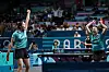 Korea's Shin Yu-bin, left and Jeon Ji-hee celebrate a winning point during their doubles round in the team bronze medal match against Germany. [AFP/YONHAP]