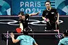 Germany's Yuan Wan, left, returns the ball as Xiaona Shan reacts during their women's table tennis doubles match in the team bronze medal contest against Korea at the Paris Olympics on Saturday in Paris. [AFP/YONHAP]