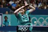 Korea's Lee Eun-hye plays against Germany's Annett Kaufmann during the women's bronze medal team table tennis match at the Paris Olympics on Saturday in Paris. [AP/YONHAP]
