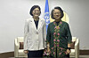 Kim Ji-hee, left, director-general for the Korean foreign ministry's international economics affair, and Adnan Aliani, director of strategy and programme management division of the UN Economic and Social Commission for Asia and the Pacific, pose for a photo ahead of their annual consultative meeting in Bangkok on Monday. [MINISTRY OF FOREIGN AFFAIRS]