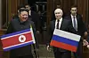 Russian President Vladimir Putin, right, and North Korea's leader Kim Jong-un smile during their meeting at the Pyongyang Sunan International Airport outside Pyongyang, North Korea, on June 19, 2024. [AP/YONHAP]