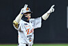 Hanwha Eagles outfielder Son Ah-seop celebrates after reaching second base on an infield single and a throwing error by the third baseman in the bottom of the seventh inning with one out and a runner on first during Game 4 of the 2025 Korean Series against the LG Twins at Daejeon Hanwha Life Ballpark in Daejeon on Oct. 30, 2025. [NEWS1]